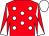 Red, white spots, diabolo on sleeves, white cap (Mrs P E Hawkings)
