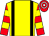 YELLOW, BLACK braces, RED and YELLOW hooped sleeves, RED and WHITE hooped cap (Heath House Racing)