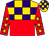 Gold & purple checks, red halved horizontally, gold stars on red sleeves, gold & purple checked cap (Mr & Mrs Yip Kong Wah)