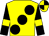 Yellow, large black spots, black sleeves, yellow armlets, yellow and black quartered cap (P Baker D Wood M Flint)