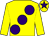 Yellow, large purple spots and star on cap (Miss M E Rowland & Mr A Thornes)