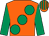 Orange, large emerald green spots and sleeves, striped cap (Mrs P I Veenbaas)