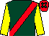 Dark green, red sash, yellow sleeves, red cap, dark green spots (Mrs Shirley France)