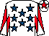 White, royal blue stars, red and white diabolo on sleeves, white cap, red star (Weldspec Glasgow Limited)