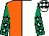 White & orange halved, emerald green sleeves, white stars, white cap, emerald green stars (Shamrock Thoroughbreds)