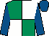 Emerald green and white (quartered), royal blue sleeves and cap (Ms G E Morgan)