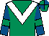 Emerald green, white chevron, royal blue sleeves, emerald green armlets, emerald green and royal blue quartered cap (Mrs Jacqui Elliott)
