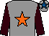 Grey, orange star, brown sleeves, grey cap, royal blue star (Miss S Troughton)