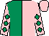 Emerald green and pink (halved), pink sleeves, emerald green diamonds, pink cap (Mr Alan King)