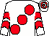 White, large red spots, chevrons on sleeves, hooped cap (Mrs Kim Masters)