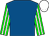 Royal blue, green and white striped sleeves, white cap (Mrs S A Geake)
