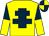 Yellow, dark blue cross of lorraine, halved sleeves, quartered cap (Lisgoold Racing Syndicate)
