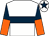 White, dark blue hoop, orange & dark blue halved sleeves, white cap, dark blue star (D Scally)
