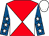 Red and white diabolo, royal blue sleeves, white stars, white cap (Cox's Foxes)