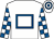 White, royal blue hollow box, check sleeves, hooped cap (John Joseph Deegan)