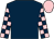 Dark blue, dark blue and pink check sleeves, pink cap (Mrs Jeffrey Bird)