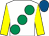 White, large emerald green spots, yellow sleeves, royal blue cap (Mrs Siobhan McAuley)