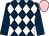 Dark blue and white diamonds, dark blue sleeves, pink cap (Mrs S Rowett)