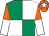 Emerald green and white (quartered), orange and white halved sleeves, orange cap, white star (Mr W Frewen)