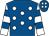 Royal blue, white spots, white and royal blue hooped sleeves (Mrs Elizabeth Lane)