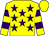 Yellow, purple stars, hooped sleeves, yellow cap (Mrs R Rath)