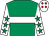 Emerald green, white hoop, white sleeves, emerald green stars, white cap, red diamonds (M R M Partnership)