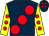 Dark blue, large red spots, yellow sleeves, red spots, dark blue cap, red spots (K Dhunjibhoy & Z Dhunjibhoy)