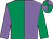 Emerald green and mauve halved, sleeves reversed, quartered cap (Mrs A F Mee)