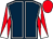 Dark blue, white seams, red and white diabolo on sleeves, red cap (Jamie Rocke)