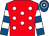 Red, white spots, royal blue and white hooped sleeves and cap (Mrs D J Goodall)