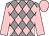 Grey and pink diamonds, pink sleeves and cap (Mrs Perle O'Rourke)