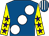 Royal blue, large white spots, yellow sleeves, purple stars, royal blue & white striped cap (Four Fellows Syndicate)