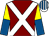 Maroon, white cross sashes, royal blue & yellow halved sleeves, white & royal blue striped cap (Galway Girl Syndicate)
