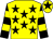 Yellow, black stars, black and yellow hooped sleeves, yellow cap, black star (Sunpak Racing)