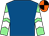 Royal blue, light green and white chevrons on sleeves, orange and black quartered cap (Samscorp)