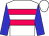 White, two cerise hoops, blue sleeves, white cap (Mrs Lydia Richards)