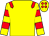 Yellow, red epaulettes, hooped sleeves, yellow cap, red spots (W J Ryan)