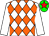 WHITE & ORANGE DIAMONDS, white sleeves, green cap, red star (W J Austin)