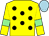 Yellow, black spots, yellow sleeves, light green armlets, light blue cap (The Galloping Grannies)