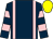 Dark blue, pink braces, hooped sleeves, yellow cap (Mrs P Bosley)