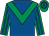 Royal blue, emerald green chevron, emerald green and royal blue striped sleeves, hooped cap (Mr & Mrs A Millett)