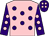 Pink, purple spots, purple sleeves, pink spots, purple cap, pink spots (Miss Katy Brown)