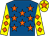 Royal blue, orange stars, yellow sleeves, orange diamonds, yellow cap, orange star (Friends Have Fun Racing)