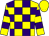 Yellow and purple check, hooped sleeves, yellow cap (Mr M Hall)
