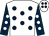 White, dark blue spots, dark blue sleeves, white spots (Mr B McCabe & Mrs E Evans)
