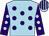 Light blue, purple spots, purple sleeves, light blue spots, light blue and purple striped cap (Ms Trisha Keane)