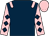 Dark blue, pink epaulets, pink sleeves, dark blue diamonds, pink cap (Mrs Sally White)