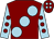 Maroon, large light blue spots, light blue sleeves, maroon spots, maroon cap, light blue spots (Tony Cromwell & Partner)