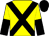 Yellow, black cross belts, yellow and black halved sleeves, black cap (Mr Ron Hull)