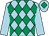Light blue and emerald green diamonds, light blue sleeves, light blue cap, emerald green diamond (Mrs Tilly Coles)